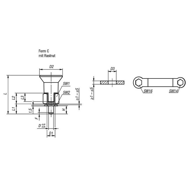 ARRETIERBOLZEN FÜR DÜNNWANDIGE TEILE GR.2 M10X1, FORM:C EDELSTAHL, UNGEHÄRTET, KOMP:THERMOPLAST, D=6