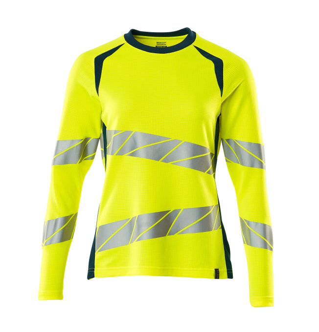 T-Shirt, Langarm, Damenpassform, hi-vis gelb / dunkelpetroleum